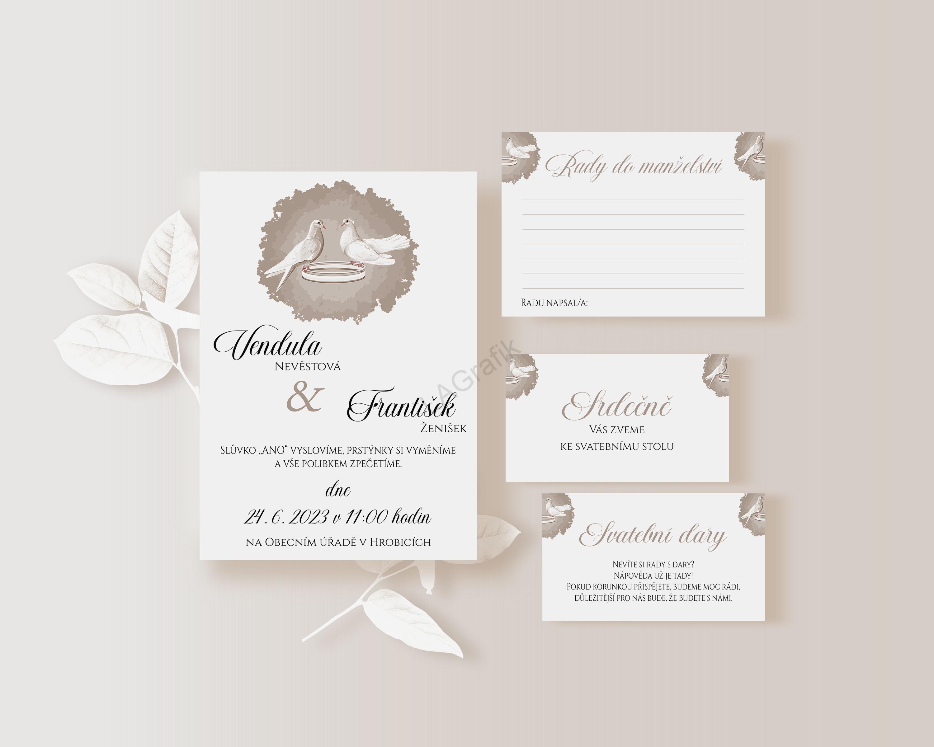 Pozvánka ke svatebnímu stolu 10 x 5cm HOLUBICE