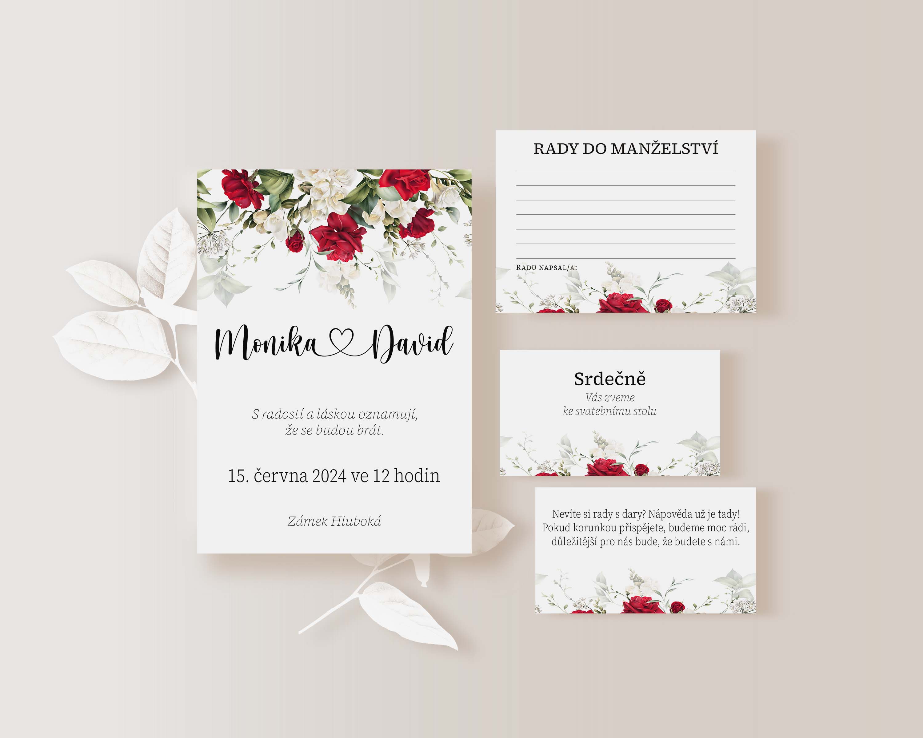 Kartička o darech 10 x 5cm ČERVENÉ A BÍLÉ RŮŽE