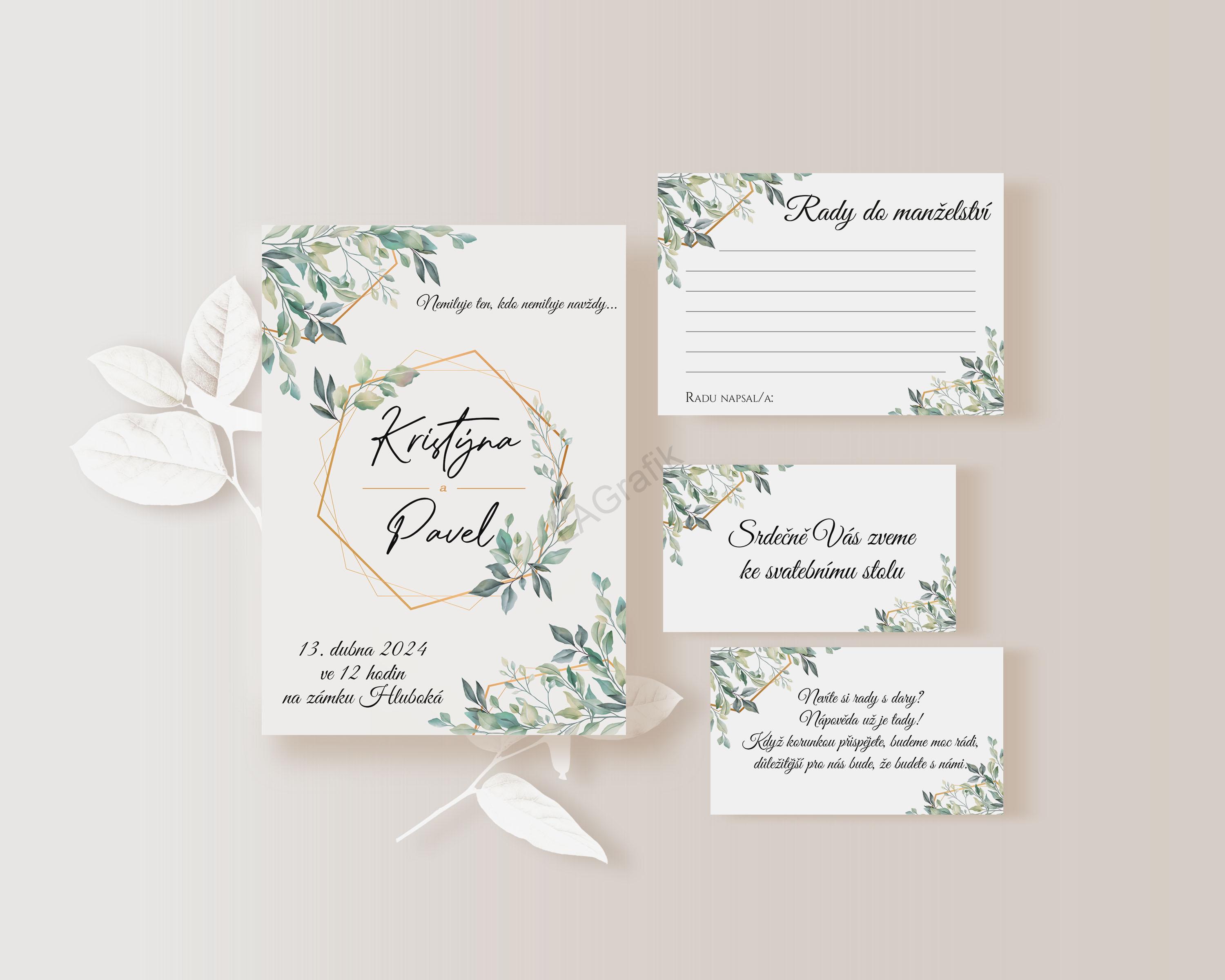 Pozvánka ke svatebnímu stolu 10 x 5cm ZLATOZELENÁ No.3